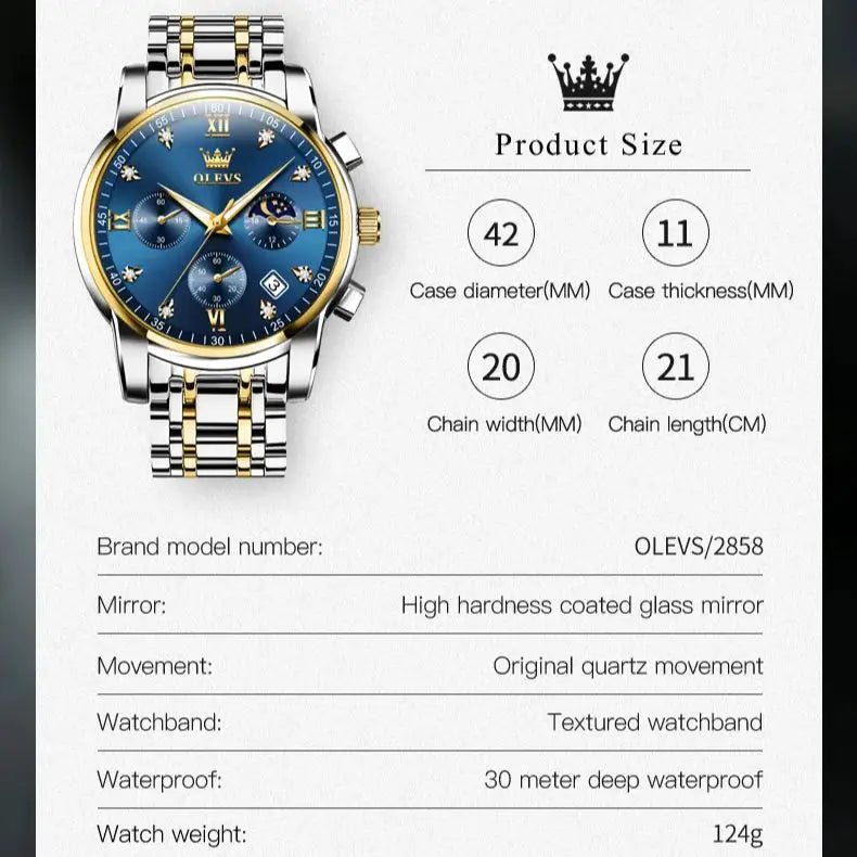 OLEVS Moon phase watch. Luxury accessory for striking people